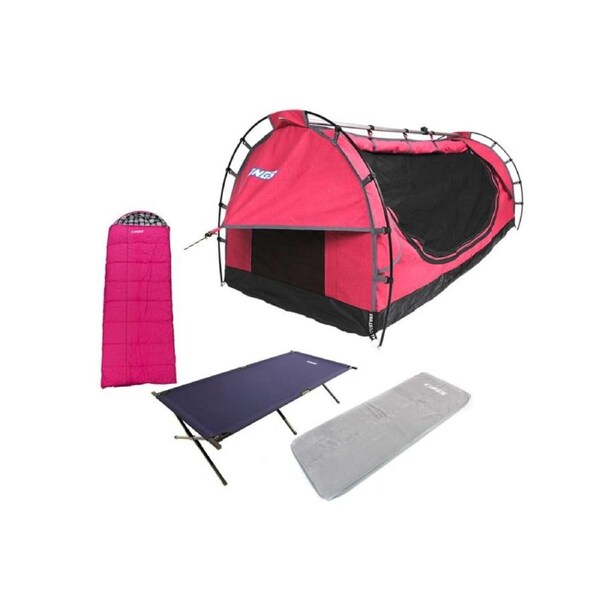 Kings Deluxe Single Swag PINK 50mm thick Single Mattress - 400gsm Canvas + Stretcher Bed + Single Self Inflating Foam Mattress + Premium Sleeping Bag - Pink - Left Zipper