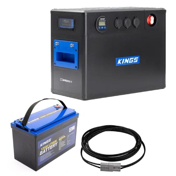 Kings BatBlock40 - 12V Plug and Play Battery Box + 12V 120Ah Deep Cycle Lithium LiFePO4 Battery + 6m Extension Lead