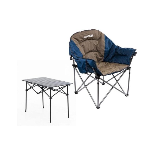 Kings Deluxe Sofa Chair 160kg Rating -Padded + Aluminium Roll Up Camping Table