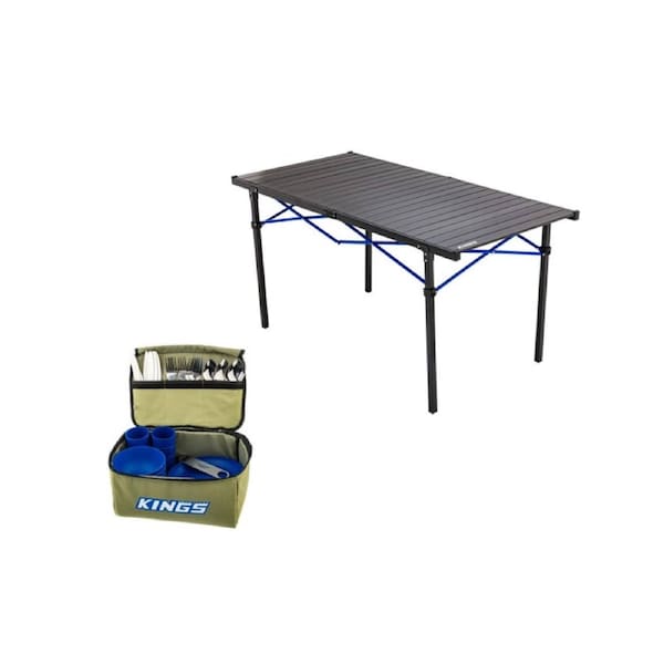 Kings Aluminium Roll Up Camping Table Large 71x140cm + Picnic Set - 37 Piece