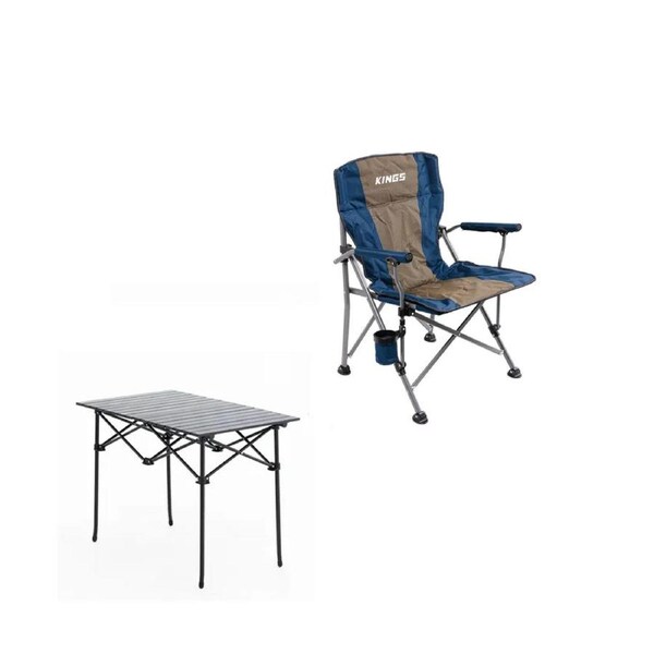 Kings Deluxe Arm Chair 200kg Rating + Aluminium Roll Up Camping Table