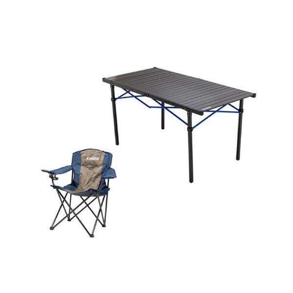 Kings Large Aluminium Roll Up Camping Table 71x140cm+ Essential Camping Chair