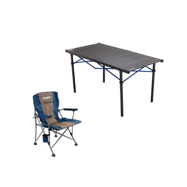 Kings Large Aluminium Roll up Camping Table 71x140cm + Deluxe Arm Chair 200kg rating