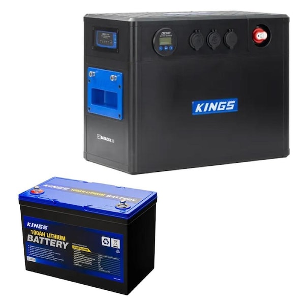 Kings BatBlock25 - 12V Plug and Play Battery Box + 12V 100Ah Deep Cycle Lithium LiFePO4 Battery