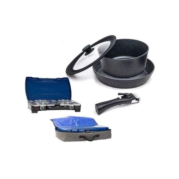 Kings Aluminium Cooking Set + Double Burner Gas Stove + Stove Carry Bag