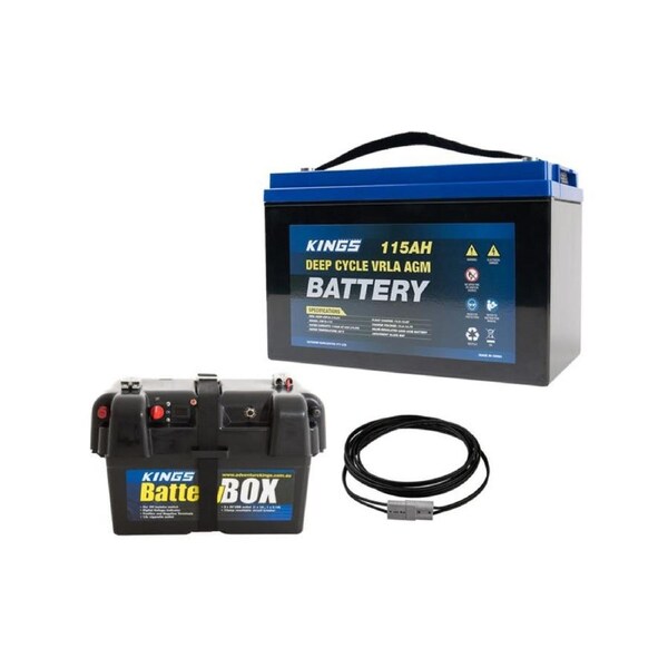 Kings 12V 115Ah Deep Cycle Battery + Battery Box + 6m Lead For Solar Panel Extension