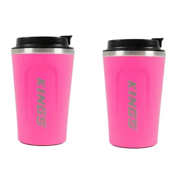 2 x Kings Pink Coffee Cup 380ml Vacuum Travel Mug Insulated Stainless Steel For Hot and Cold Drinks