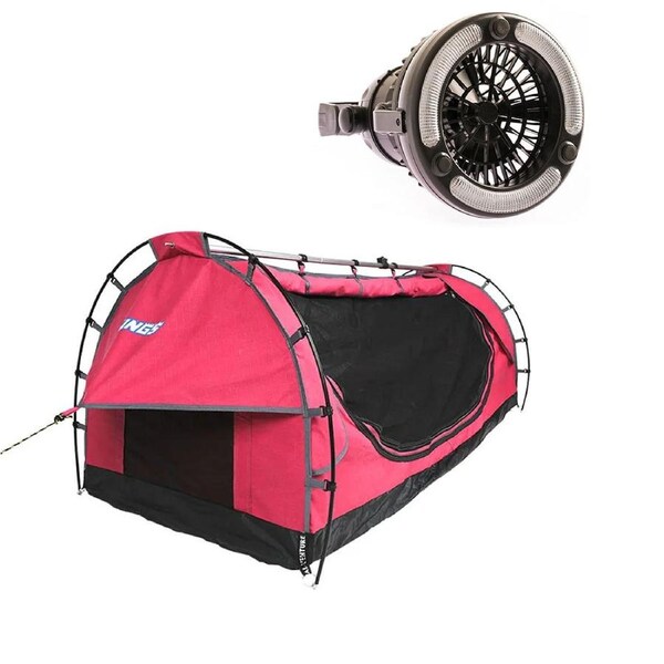 Pink Deluxe Single Hiking Camping Swag with 2in1 LED Light & Fan