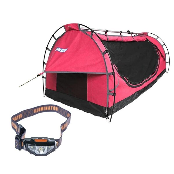 Adventure Kings Deluxe Single Camping Swag PINK + LED Head Torch