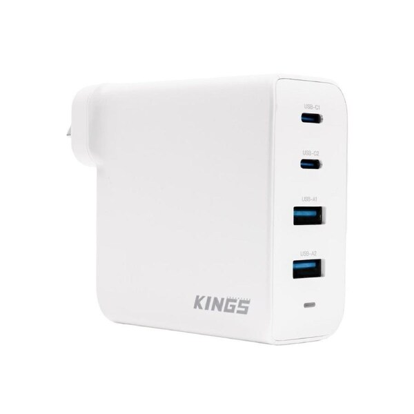 Kings 100W AC USB Adaptor - USB C and USB A Outputs - Included USB C Cord - Gallium Nitride Technology