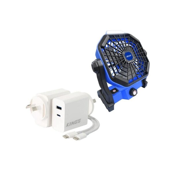 Kings 2in1 Lithium Rechargeable LED Light/Fan + 65W USB Charger USB C and USB A