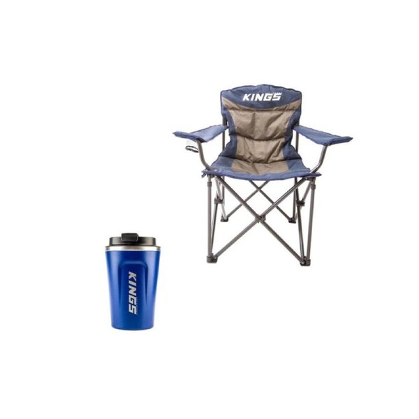Kings Throne Camping Chair Rated 300kg Thick Padding+Blue Coffee Cup 380ml