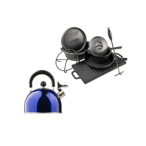 Adventure Kings Cast Iron Cooking Set BBQ + 2L Stainless Steel Camping Kettle