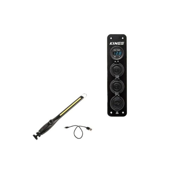 Adventure Kings 12v Accessory Panel Wired Fuses USB + Rechargeable Lithium LED Work Light