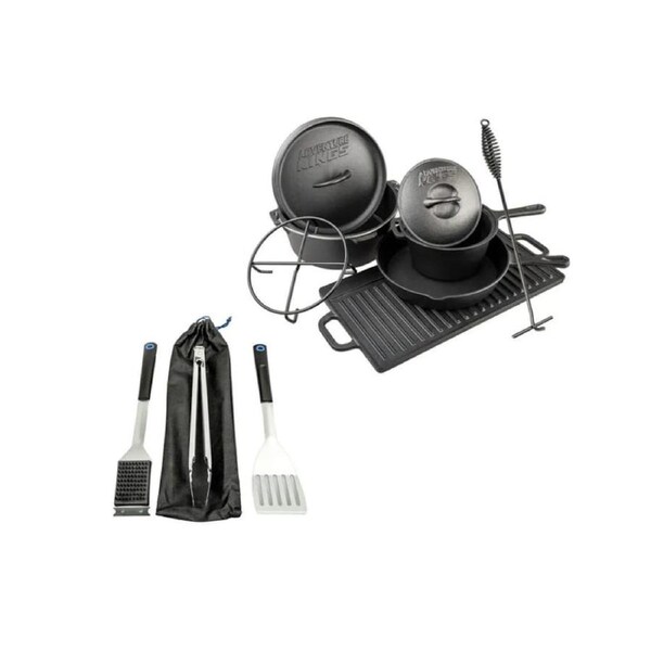 KINGS Cast Iron Cooking Set Oven Skillet Griddle + BBQ Tool Set Camping Outdoor
