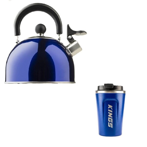 Adventure Kings Coffee Cup 380ml Vacuum Travel Mug + Camping 2l Kettle Whistling