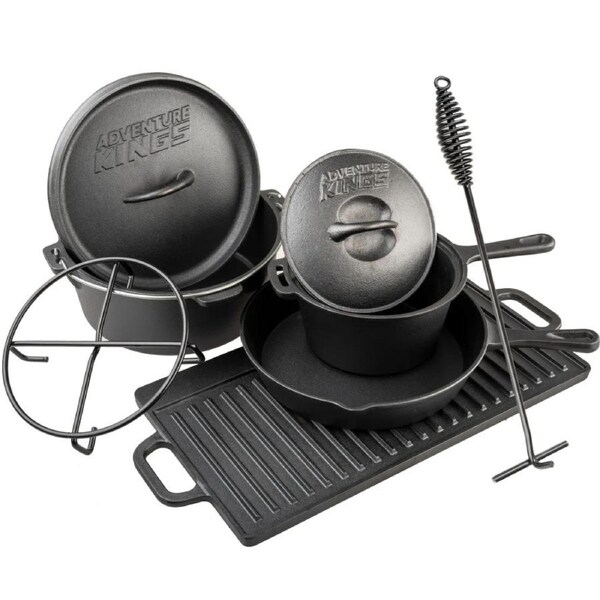 KINGS Cast Iron Cooking Set Dutch Oven Skillet Griddle Saucepan Trivet & Lifter