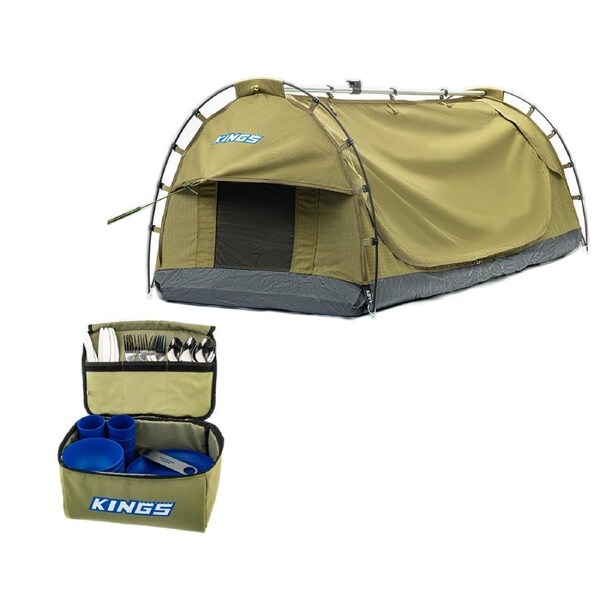 Adventure Kings Single Swag Dome Tent Hiking Outdoor Camping + 37 Piece 6Person Picnic Set
