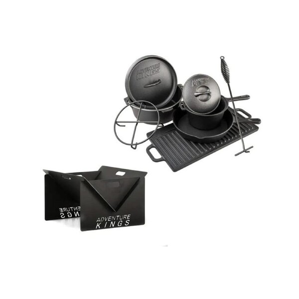 KINGS Cast Iron Cooking Set Oven Skillet Griddle Saucepan + Camping Fire Pit 4WD
