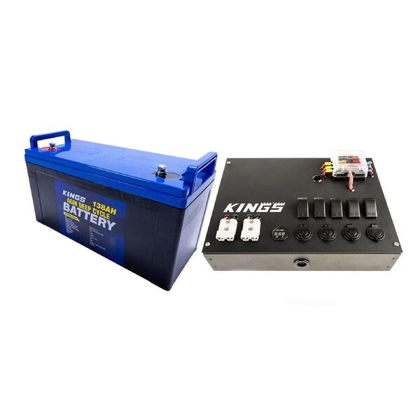 KINGS 138Ah AGM Deep Cycle Battery Caravan Car + 12v Control Box Offroad 12V 4WD