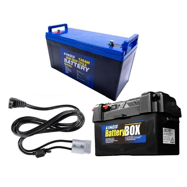 KINGS 138Ah AGM Deep Cycle Battery + Maxi Battery Box + 1.8m 12v Fridge Cable