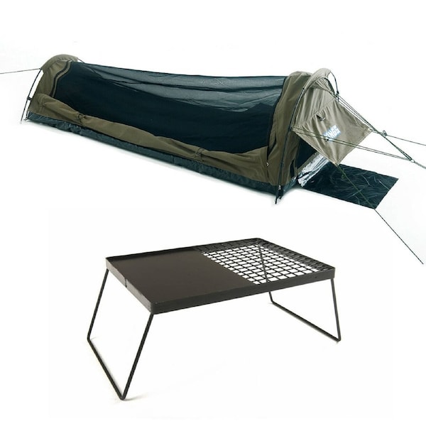 Adventure Kings Kwiky Single Swag 50mm Mattress + Camp Fire BBQ Plate Cooking