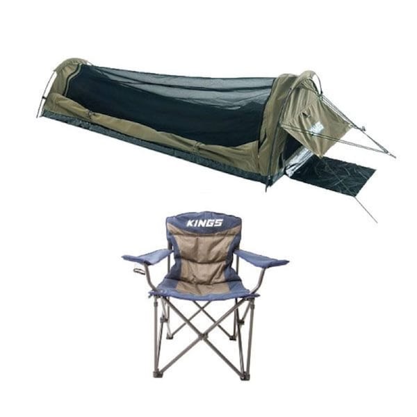 Adventure Kings Kwiky Single Swag 50mm Mattress + Camping Chair Rated to 300kg