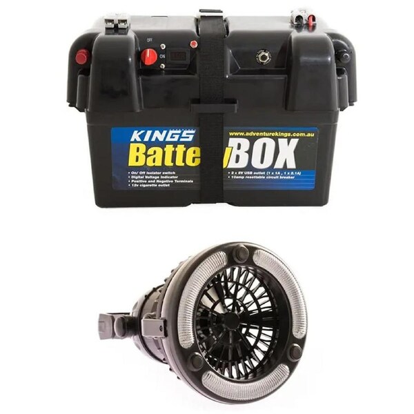Adventure Kings Battery Box Portable 12V + 2in1 LED Light & Fan Hook&Stand Mount