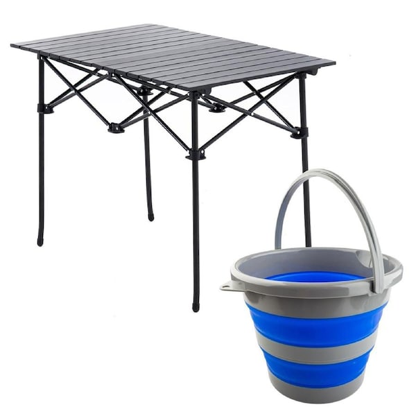 KINGS Aluminium Roll-Up Camping Table Portable BBQ Desk + Collapsible 10L Bucket