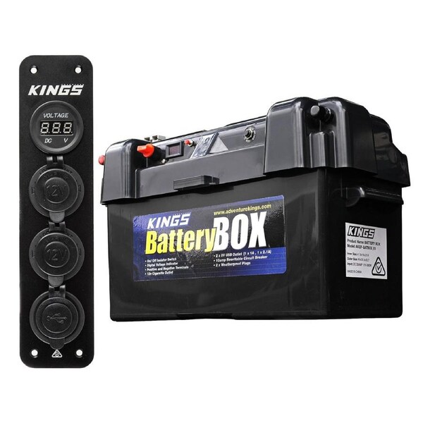 Adventure Kings Maxi camping Battery Box + 12V Accessory Panel Twin 10A sockets