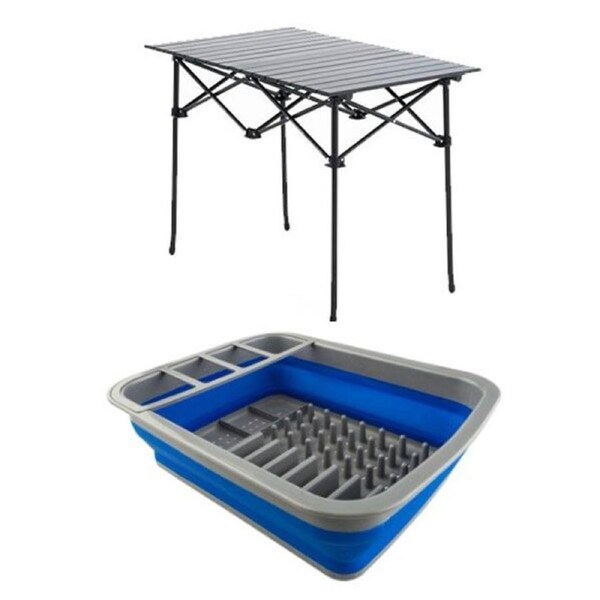 Adventure Kings Aluminium Roll Up Camping Table + Collapsible Dish Rack Drainer