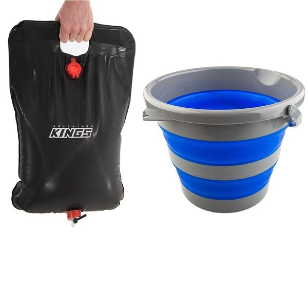 Adventure Kings Collapsible 10L Bucket Compact + 20L Camping Solar Shower Bag