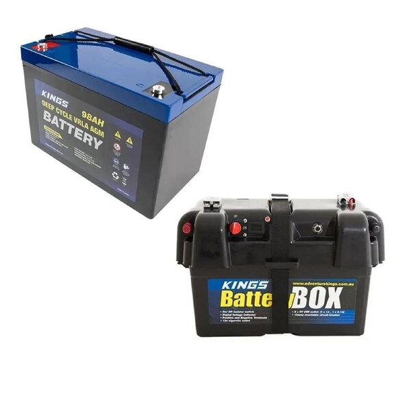 KINGS AGM Deep Cycle Battery 98AH + Battery Box Portable 12V 2x USB & Cig Socket