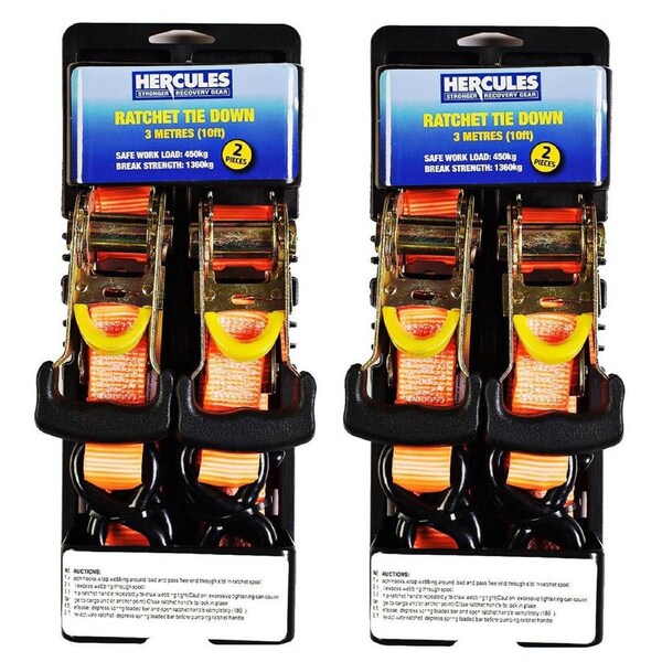 2x Hercules Heavy Duty 3m Ratchet Strap (2 pack) Rubberised grip tough 450kg