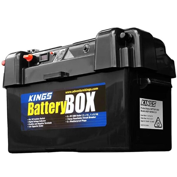 KINGS Maxi Battery Box Portable 12v - 2x USB & Cig Socket - Fits Most Deep-Cycle Batteries - 2 x Anderson Style Plugs - Digital Voltage Indicator