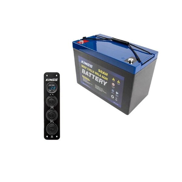 Adventure Kings 98AH AGM Deep Cycle Battery + 12V Accessory Panel 2 USB sockets
