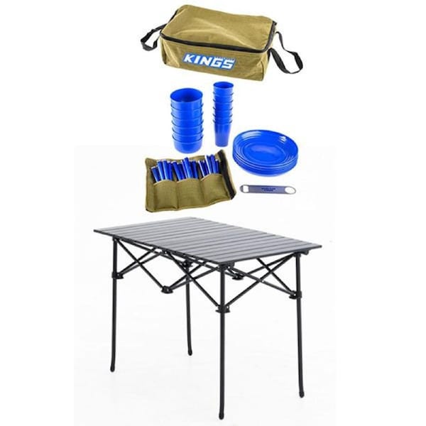 KINGS 37 Piece Picnic Set BBQ + Aluminium Roll Up Portable Camping Table Beach
