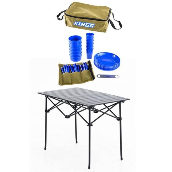 KINGS 37 Piece Picnic Set BBQ + Aluminium Roll Up Portable Camping Table Beach