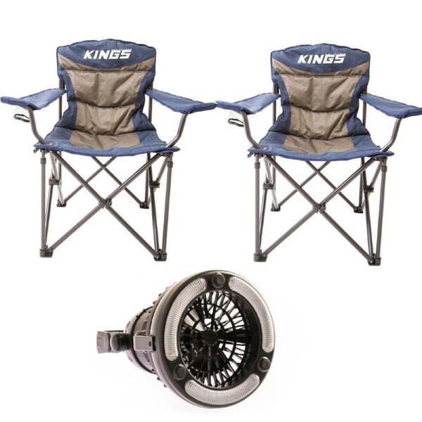 2x Adventure Kings Portable Folding Camping Chair Outdoor + 2in1 LED Light & Fan