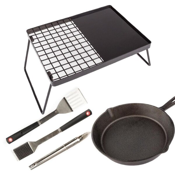 Adventure Kings Camping Fire BBQ Plate + Cast Iron Skillet Pan + BBQ Tool Set