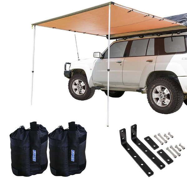 Adventure Kings Car Awning 2.5x2.5m + Mounting Brackets (Pair) + Awning Sand Bag