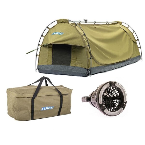 Adventure Kings Deluxe Escape Single Swag + Canvas Bag + 2in1 LED Light & Fan