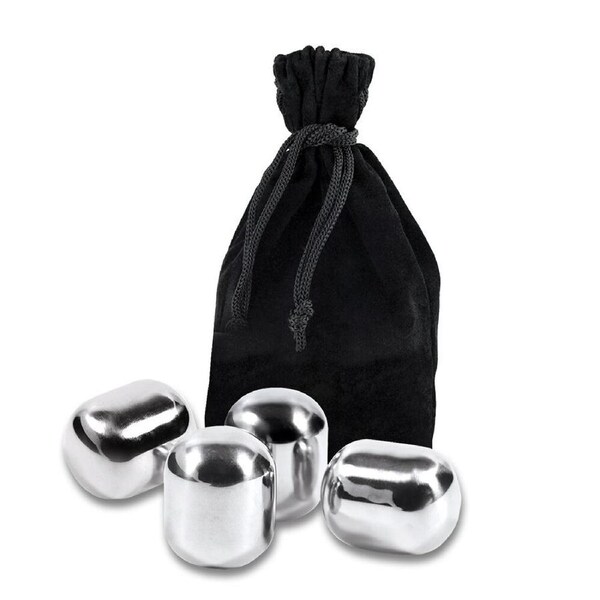 4pc Bartender Stainless Steel Wine Pearls Reusable Ice Cube Set w/Velvet Bag