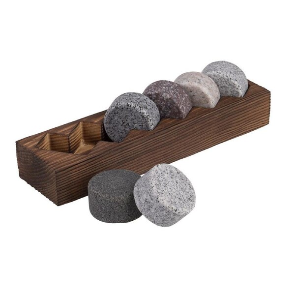 6pc Bartender Granite Whisky Disc Cooling Stone Set w/ Wooden Base Tray