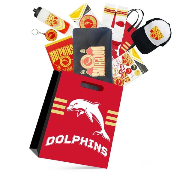 NRL Dolphins Showbag 24 w/ Duffle Bag/Cap/Drink Bottle/Coaster/Notebook/Socks
