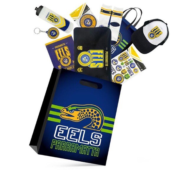 NRL Parramatta Eels Showbag 24 w/ Duffle Bag/Cap/Drink Bottle/Notebook/Socks