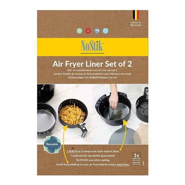 2pc Nostik Silicone+Fibreglass Dual Basket Air Fryer Liner Round Grey 25cm