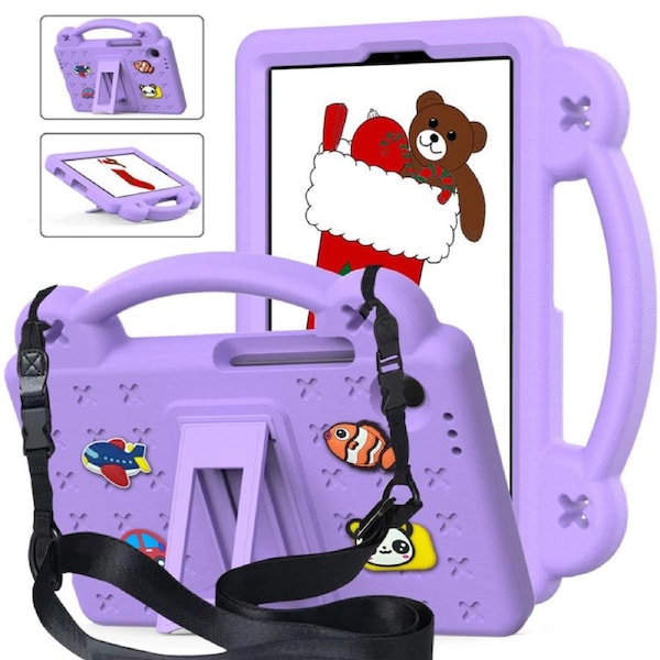 Nevenka Bear Rugged Tablet Case with Stand and Shoulder Strap for Samsung Galaxy Tab A9 X115 8.7 Inch-Light Purple