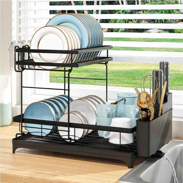 Advwin 2 Tier Dish Drying Rack Cutlery Holder Drainer Storage Over Sink Kitchen Organizer Black