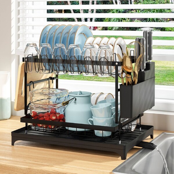 Advwin 2 Tier Dish Drying Rack Cutlery Holder with Drainer Storage Over Sink Kitchen Organizer Black